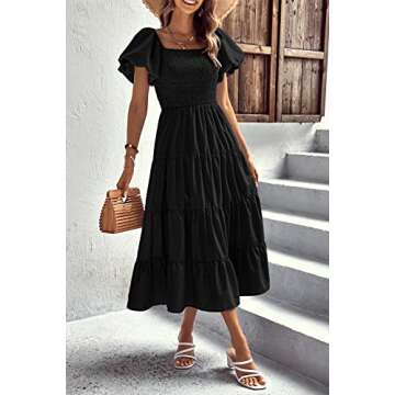 PRETTYGARDEN Women's Casual Summer Midi Dress Puffy Short Sleeve Square Neck Smocked Tiered Ruffle Dresses (Black,X-Large)