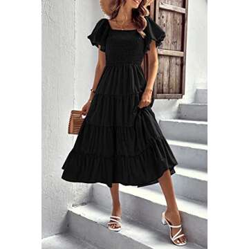 PRETTYGARDEN Women's Casual Summer Midi Dress Puffy Short Sleeve Square Neck Smocked Tiered Ruffle Dresses (Black,X-Large)