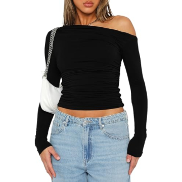 Darong Women's Casual Boat Neck Off Shoulder Slim Fit Crop Top - Chic Y2K Style in Black