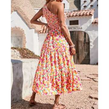 BTFBM Summer One Shoulder Floral Flowy Smocked Dress for Women - Casual and Chic