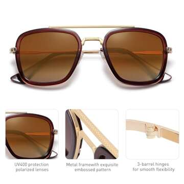 SOJOS Polarized Sunglasses for Men Women Retro Aviator Square Goggle Classic Alloy Frame HERO SJ1126 with Gold Frame/Brown Rim/Gradient Brown Lens