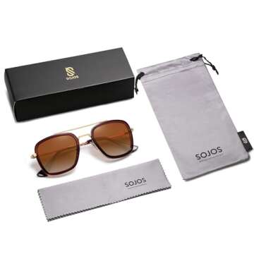 SOJOS Polarized Sunglasses for Men Women Retro Aviator Square Goggle Classic Alloy Frame HERO SJ1126 with Gold Frame/Brown Rim/Gradient Brown Lens