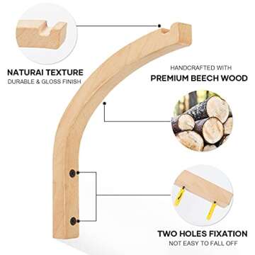 Perfin Wooden Wall Hooks, Plant Hangers Indoor, 8-Inch Wall Mounted Hanging Plant Hooks for Planters, Lanterns, Flower Bracket, Wind Chimes, Decoration Hooks (2 Pack)