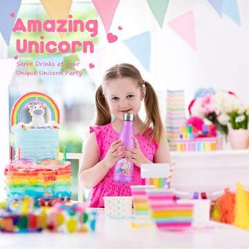 Onebttl Unicorn Stainless Steel Water Bottle, Kids Water bottle 17oz/500ml Double Wall Vacuum Insulated Thermo Bottle for Unicorn Party and Birthdays- Unicorn Party Supplies Aqua UnicornPower