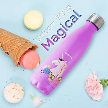 Onebttl Unicorn Stainless Steel Water Bottle, Kids Water bottle 17oz/500ml Double Wall Vacuum Insulated Thermo Bottle for Unicorn Party and Birthdays- Unicorn Party Supplies Aqua UnicornPower