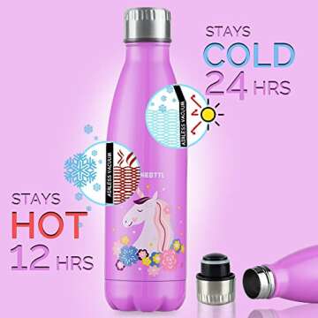 Onebttl Unicorn Stainless Steel Water Bottle, Kids Water bottle 17oz/500ml Double Wall Vacuum Insulated Thermo Bottle for Unicorn Party and Birthdays- Unicorn Party Supplies Aqua UnicornPower
