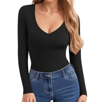 CLOZOZ Long Sleeve Shirts for Women Sexy V Neck Tops Fitted Tight T Shirts Basic Tee Black