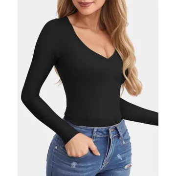 CLOZOZ Women Soft Long Sleeve Fitted V Neck Tops