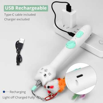 Cat Toy, 2in1 Red Light and Feather, Rechargeable, Long Range 5 Modes, Interactive Kitten Toy for Indoor Cat and Dog