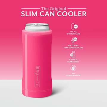BrüMate Hopsulator Slim Can Cooler Insulated for 12oz Slim Cans | Skinny Can Insulated Stainless Steel Drink Holder for Hard Seltzer, Beer, Soda, and Energy Drinks (Neon Pink)