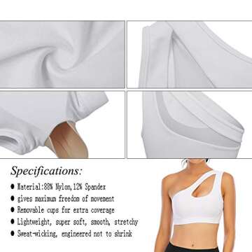 LYZ One Shoulder Sports Bra for Women One Strap Sports Bra Removable Padded Sports Bra with Hollow Out Design White
