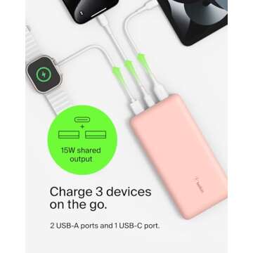 Belkin Portable Charger, USB-C Power Bank 20,000mAh w/ 1 USB-C Port and 2 USB-A Ports, 15W w/ USB-A ...