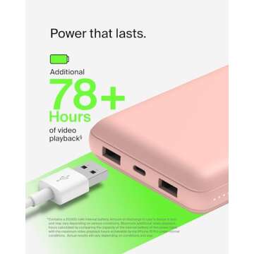 Belkin Portable Charger, USB-C Power Bank 20,000mAh w/ 1 USB-C Port and 2 USB-A Ports, 15W w/ USB-A to USB-C Cable for iPhone 16, 16 Plus, 16 Pro, 16 Pro Max, Samsung Galaxy S25, & More - Rose Gold