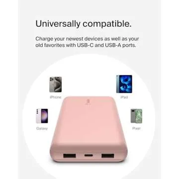 Belkin Portable Charger, USB-C Power Bank 20,000mAh w/ 1 USB-C Port and 2 USB-A Ports, 15W w/ USB-A to USB-C Cable for iPhone 16, 16 Plus, 16 Pro, 16 Pro Max, Samsung Galaxy S25, & More - Rose Gold