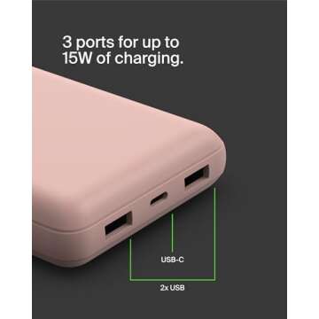 Belkin Portable Charger, USB-C Power Bank 20,000mAh w/ 1 USB-C Port and 2 USB-A Ports, 15W w/ USB-A to USB-C Cable for iPhone 16, 16 Plus, 16 Pro, 16 Pro Max, Samsung Galaxy S25, & More - Rose Gold