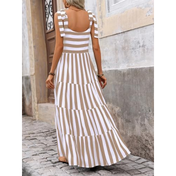 PRETTYGARDEN Women Dresses 2024 Summer Striped Sleeveless Maxi Dress Casual Spaghetti Strap Tiered Flowy Beach Long Dress(Striped Khaki,Medium)