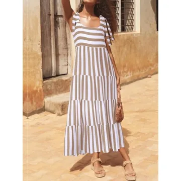 PRETTYGARDEN Women Dresses 2024 Summer Striped Sleeveless Maxi Dress Casual Spaghetti Strap Tiered Flowy Beach Long Dress(Striped Khaki,Medium)