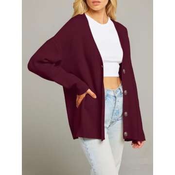 MEROKEETY Women's Cardigan Sweaters 2024 Fall Open Front Oversized Button V Neck Loose Soft Knit Outwear, Burgundy, S