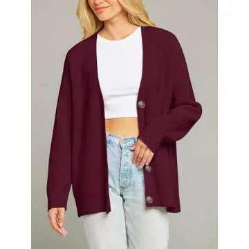 MEROKEETY Women's Cardigan Sweaters 2024 Fall Open Front Oversized Button V Neck Loose Soft Knit Outwear, Burgundy, S