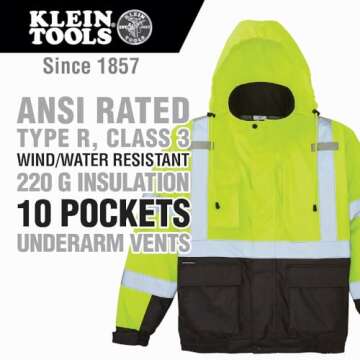 Klein Tools 60380 Bomber Jacket, High-Visibility Reflective Winter Jacket, 220-Gram Insulation for S...