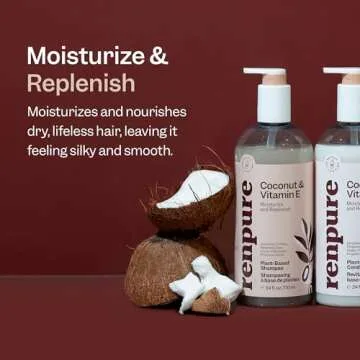 Renpure Plant Based Coconut and Vitamin E Moisturize and Replenish Shampoo - Ideal for Lifeless Hair - Leaves Hair Silky and Smooth - Rids Hair of Grime - Recyclable, Pump Bottle Design - 24 fl oz
