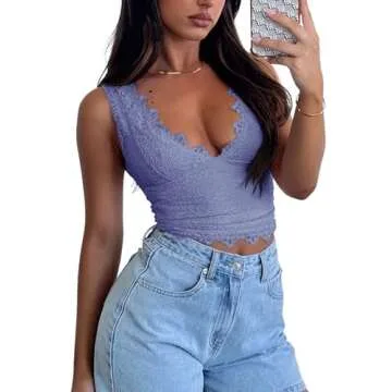 REORIA Womens Summer Tops Sexy V-Neck Sleeveless Double Lined Fashion Going Out Y2K Tank Tops Trendy Lace Slimming Crop Tops for Teen Girls Blue Nova Medium