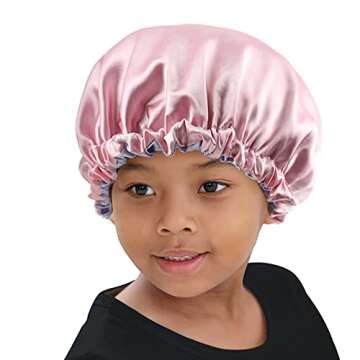 ELIHAIR Kids Satin Bonnet Sleeping Cap for Natural Hair Teens Toddler Child Baby Adjustable Satin Cap for Night Sleeping Reversible Double Layer Pink/Purple