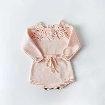 Newborn Baby Girls Cute Knit Strap Romper Leaves Pattern Jumpsuit Bodysuit (66/Fit 6 months, Pink)