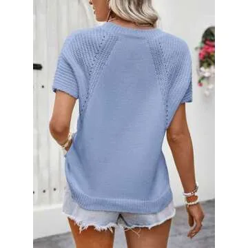 Dokotoo Womens Tops Dressy Casual Short Sleeve Summer Shirts for Women 2025 Loose Fit Knit Crew Neck Tops for Women Trendy Elegant Solid Color Cute Tunic Blouses Outfits Sky Blue Small