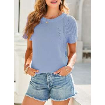 Dokotoo Womens Tops Dressy Casual Short Sleeve Summer Shirts for Women 2025 Loose Fit Knit Crew Neck Tops for Women Trendy Elegant Solid Color Cute Tunic Blouses Outfits Sky Blue Small