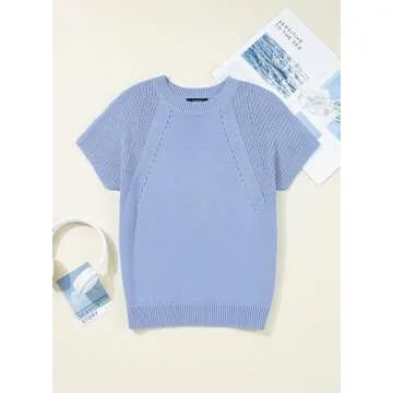 Dokotoo Womens Tops Dressy Casual Short Sleeve Summer Shirts for Women 2025 Loose Fit Knit Crew Neck Tops for Women Trendy Elegant Solid Color Cute Tunic Blouses Outfits Sky Blue Small