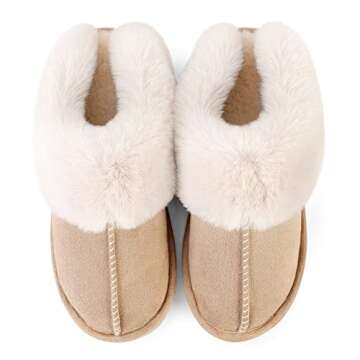 JANERIW Womens Slippers Cozy Warm Winter Slip On House Shoes Fluffy Soft Memory Foam Comfy Faux Fur Plush Anti-Skid Indoor/Outdoor(khaki)