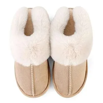 JANERIW Womens Slippers Cozy Warm Winter Slip On House Shoes Fluffy Soft Memory Foam Comfy Faux Fur Plush Anti-Skid Indoor/Outdoor(khaki)