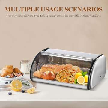 ENLOY Bread Box for Kitchen Counter, Stainless Steel Roll Top Bread Bin, Sliver Bread Storage Holder with Lid, Large Capacity Bread Keeper, 17 x 11 x 7 Inches
