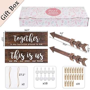 AerWo 4pcs Farmhouse Rustic Wall Decor Signs, This is Us Wooden Wall Art Sign, Together Hanging Wooden Sign and 2pcs Wood Arrow Signs for Housewarming Gift Home Decor Living Room Bedroom Wall Decor