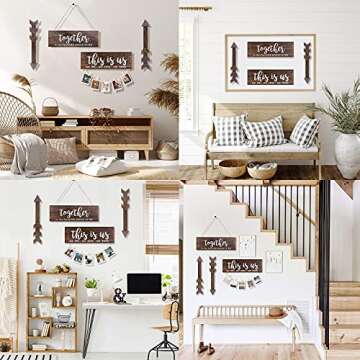 AerWo 4pcs Farmhouse Rustic Wall Decor Signs, This is Us Wooden Wall Art Sign, Together Hanging Wooden Sign and 2pcs Wood Arrow Signs for Housewarming Gift Home Decor Living Room Bedroom Wall Decor