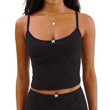 RUEWEY Women Floral Pajama Set Spaghetti Strap Lace Cami Crop Tops and Shorts Knit Lounge Set 2 Piece Outfits (B-Black, M)