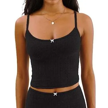 RUEWEY Women Floral Pajama Set Spaghetti Strap Lace Cami Crop Tops and Shorts Knit Lounge Set 2 Piece Outfits (B-Black, M)