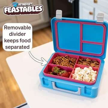 Mr. Beast Feastables Adjustable Bento Lunchbox- BPA Free, Snap Tight Lid, Removable Tray, Microwave & Freezer Safe, 9.25"x7"x2.75", Easy Clean, Kids Lunchbox with Adjustable Compartments