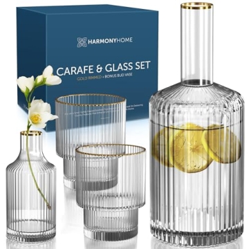 Elegant Harmony Home Carafe Set with Gold Trim and Bud Vase