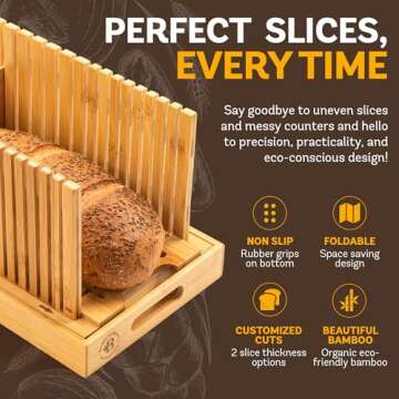 Bread Slicer for Homemade Bread - Adjustable Width Bread Cutter for Cakes, Bagels, Loaves - Bamboo Bread Accessories Manual Cutting Guide and Crumb Tray - Kitchen Gadgets & Gifts (Knife Not Included)