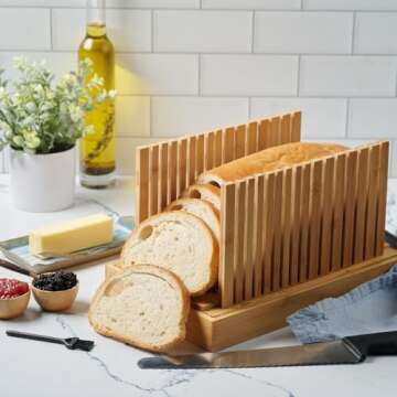 Bread Slicer for Homemade Bread - Adjustable Width Bread Cutter for Cakes, Bagels, Loaves - Bamboo Bread Accessories Manual Cutting Guide and Crumb Tray - Kitchen Gadgets & Gifts (Knife Not Included)