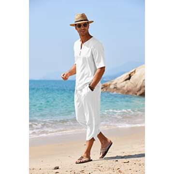 COOFANDY Men's 2 Pieces Linen Set Henley Shirt Short Sleeve and Harem Capri Pants Wide Leg Baggy Beach Yoga Trousers Outfits
