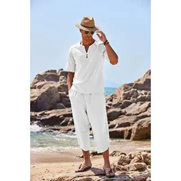 COOFANDY Men's 2 Pieces Linen Set Henley Shirt Short Sleeve and Harem Capri Pants Wide Leg Baggy Beach Yoga Trousers Outfits