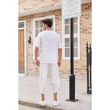 COOFANDY Men's 2 Pieces Linen Set Henley Shirt Short Sleeve and Harem Capri Pants Wide Leg Baggy Beach Yoga Trousers Outfits