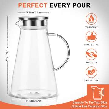 SUSTEAS 68oz Heat Resistant Glass Pitcher with Lid