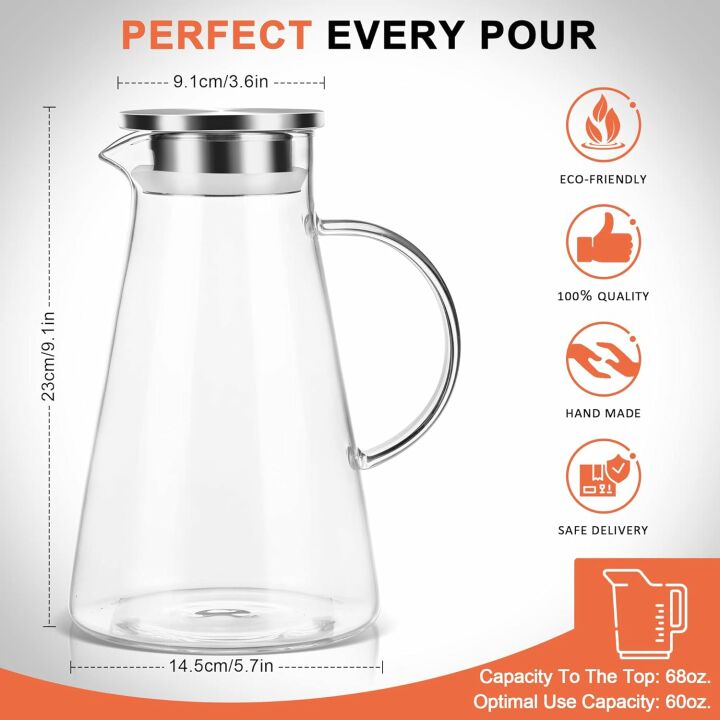 SUSTEAS 68oz Heat Resistant Glass Pitcher with Lid