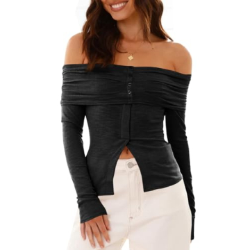 Cicy Bell Women’s Off The Shoulder Tops Cute Long Sleeve Slim Fit Ribbed Ruched Shirt in Black