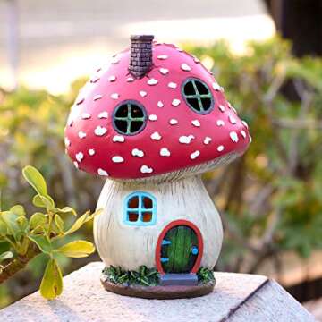 TERESA'S COLLECTIONS Mushroom Garden Statues Pink Fairy House Solar Outdoor Light for Outdoor Decor, Resin Christmas Decorations for Yard Decor Lawn Ornaments, Housewarming Thanksgiving Gifts, 7.5"