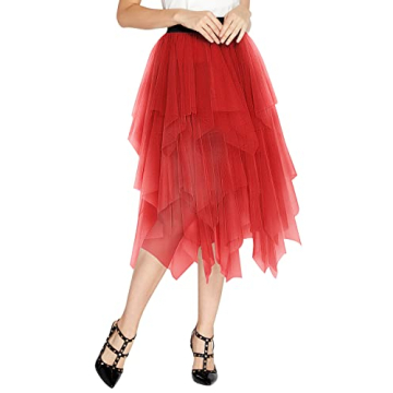 Women's Elegant Mesh Layered Tulle Skirt Sheer Tutu Skirt Midi Dress (Red, S)